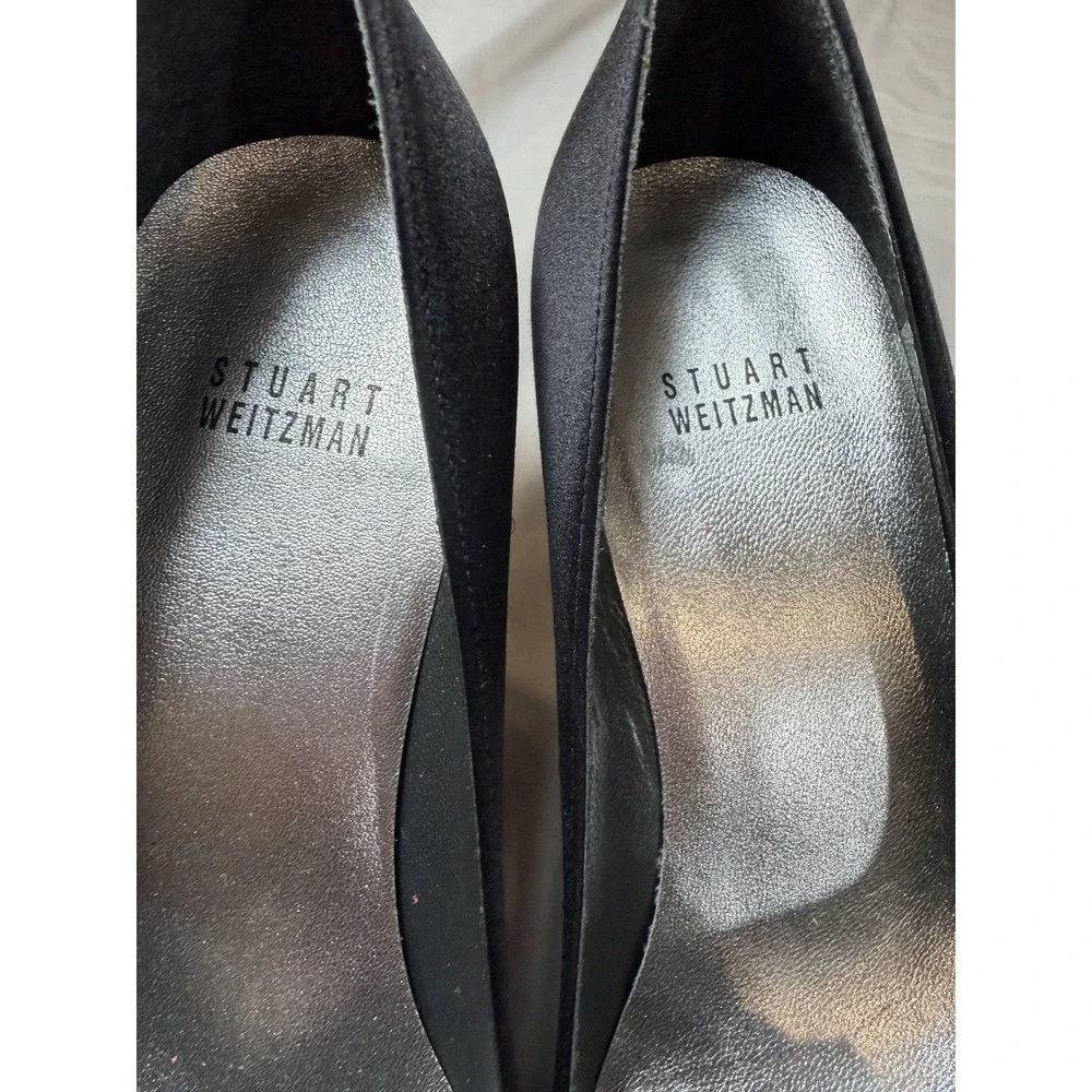Stuart Weitzman 8.5 Black Satin Rosette Peep Toe Pumps Heels Made in Spain